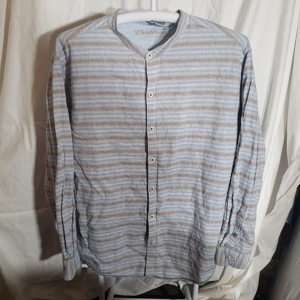 CARIBBEAN Mens Blue Banded Collar Long Sleeve Linen Blend Shirt Tropical 2XL